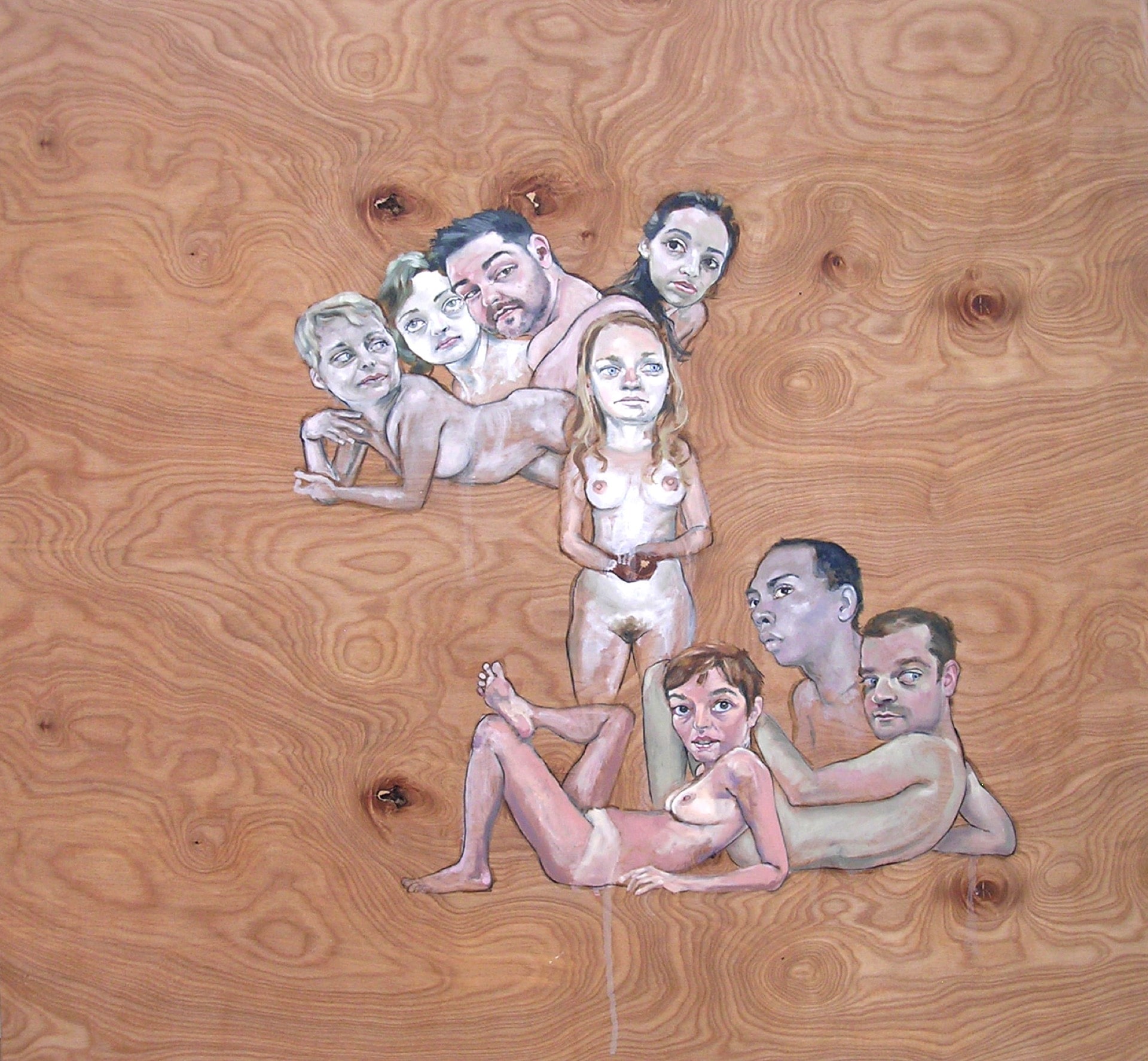  “Aleks with Seven Other Figures”, oil on wood, 48” x 48”, 2008.